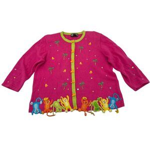 Berek Womens Monkey Cardigan Sweater M Pink Green Cotton Blend